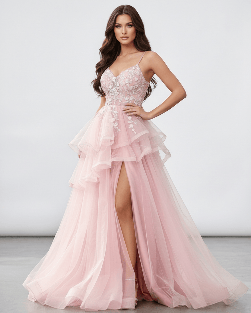 Roselle Maxi Dress - Blush Pink Tulle Dress with Lace Bodice, High Slit, elegant design by Lauven.
