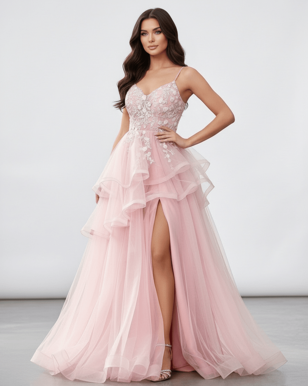 Roselle Maxi Dress in blush pink tulle with lace bodice, high slit, elegant for formal occasions by Lauven.