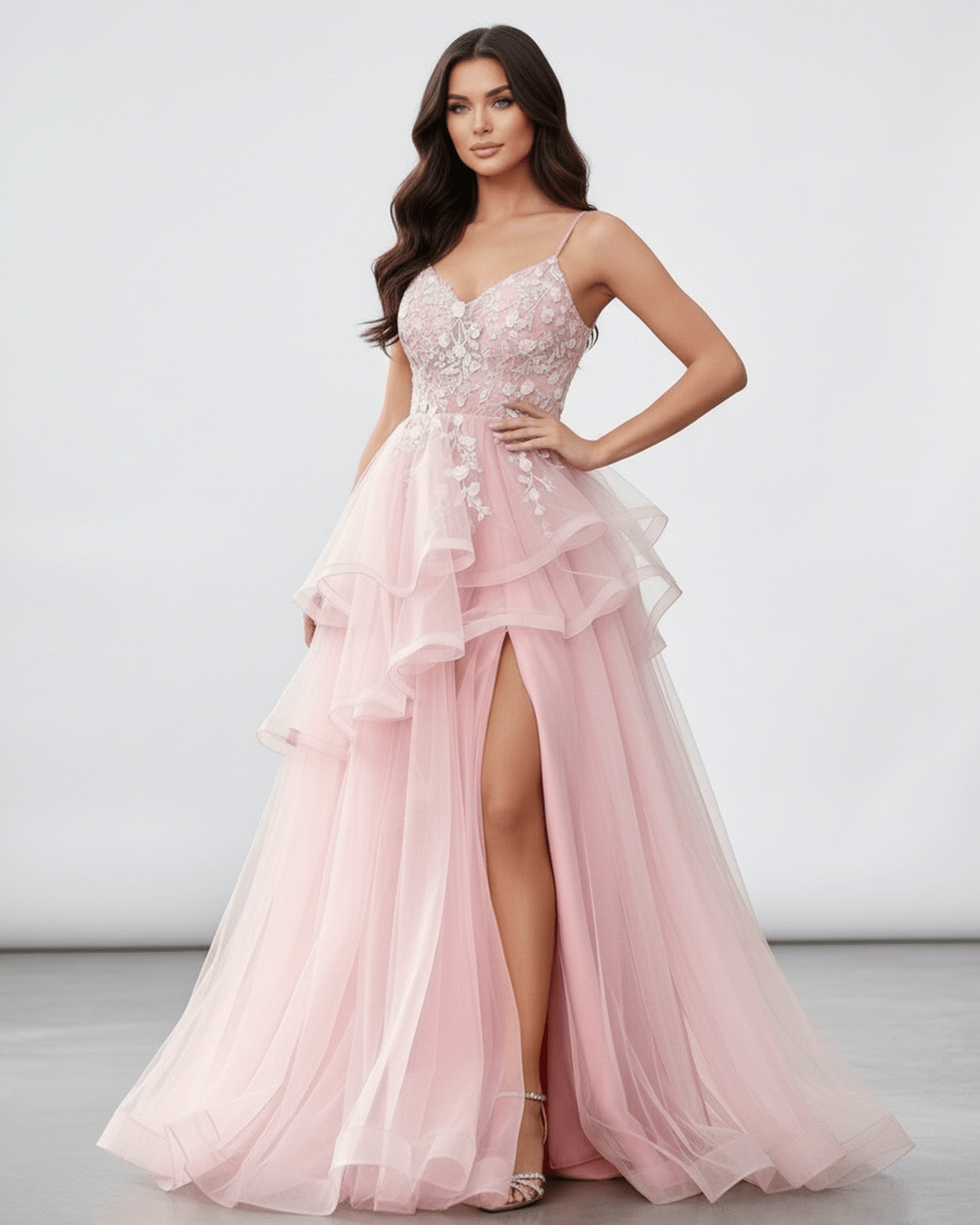 Roselle Maxi Dress in blush pink tulle with lace bodice, high slit, elegant for formal occasions by Lauven.