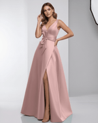 Roselle Maxi Dress - Pink satin A-line V-neck evening dress by Lauven, featuring a bow and high slit for elegant sophistication.