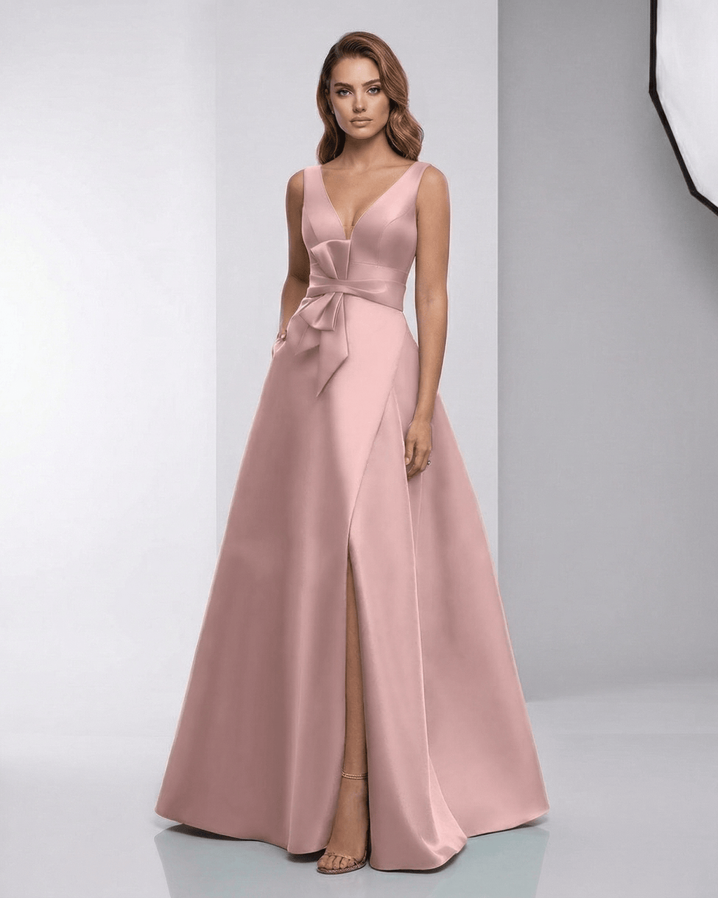 Roselle Maxi Dress - Pink satin A-line V-neck floor-length gown by Lauven, featuring elegance and sophistication.