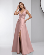 Roselle Maxi Dress – Pink satin A-line V-neck gown with elegant slit, from Lauven, embodying sophistication and style.