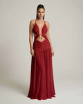 Roselle Maxi Dress — Elegant red maxi dress with deep V-neck, cut-out detail, and flowing silhouette by Lauven.