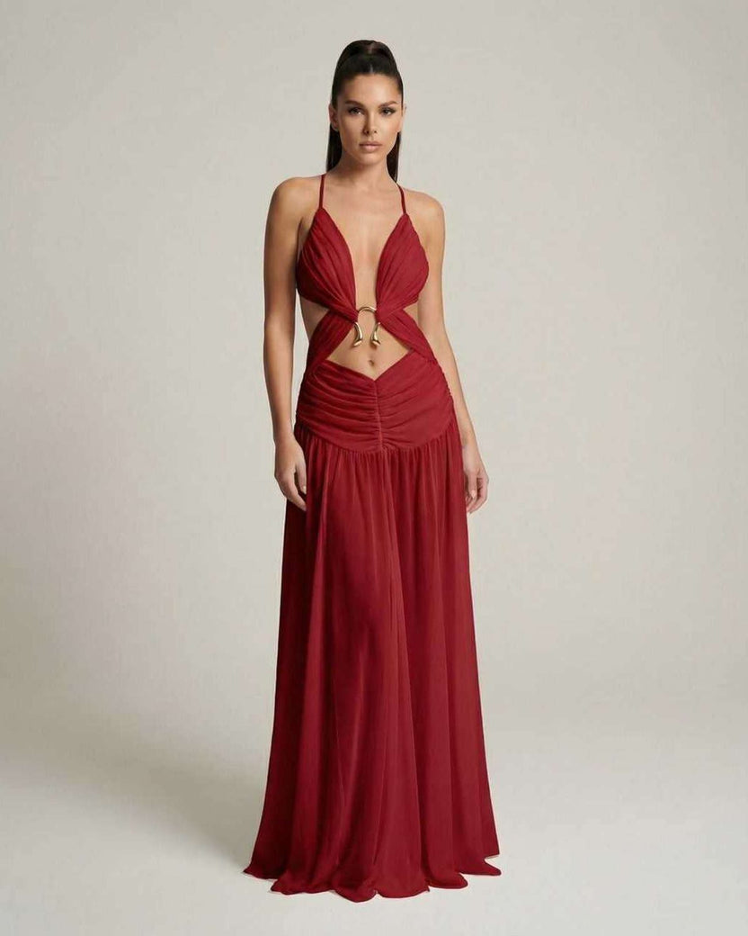 Roselle Maxi Dress — Elegant red maxi dress with deep V-neck, cut-out detail, and flowing silhouette by Lauven.
