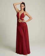 Roselle Maxi Dress - red maxi dress with deep V-neck, cut-out detail, and flowing silhouette by Lauven.