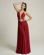 Roselle Maxi Dress in red with deep V-neck, cut-out detail, and flowing silhouette by Lauven, perfect for elegant occasions.