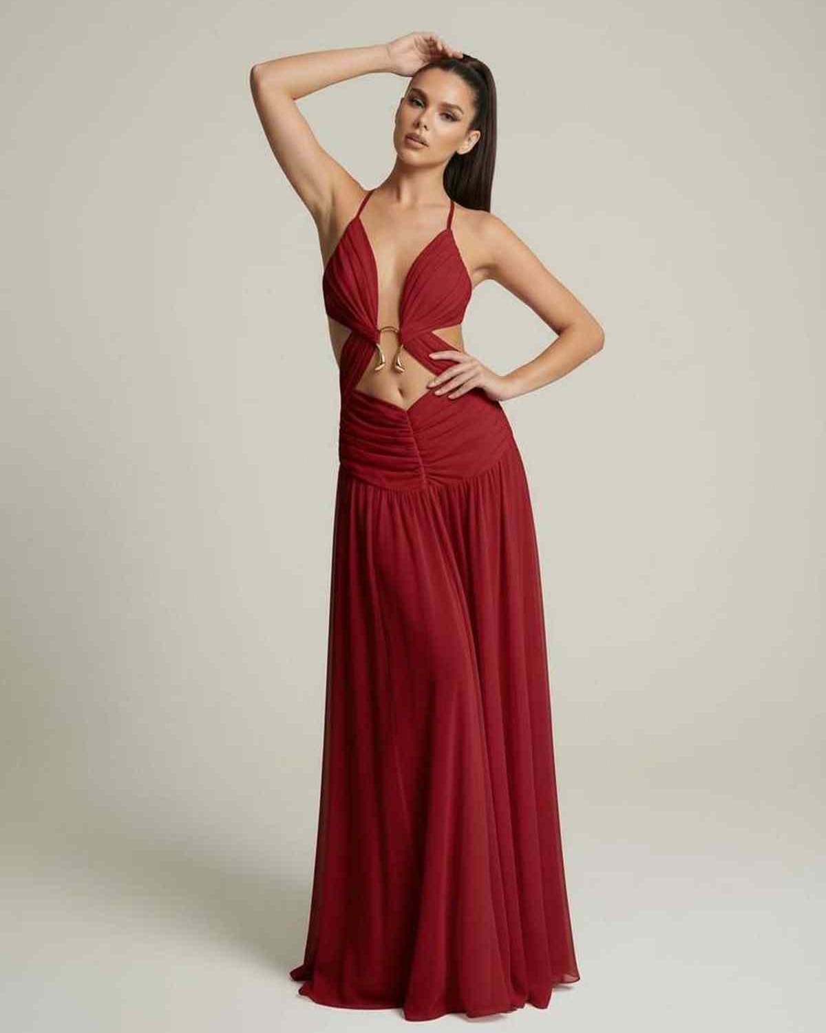 Roselle Maxi Dress in red with deep V-neck, cut-out detail, and flowing silhouette by Lauven, perfect for elegant occasions.