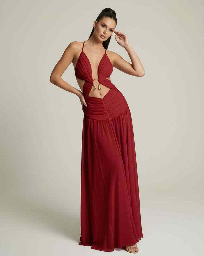 Roselle Maxi Dress showcasing a deep V-neck, cut-out detail, and flowing silhouette by Lauven in red.