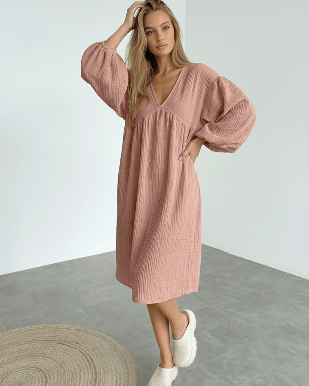 Roselle Midi Dress, Dusty Rose Cotton Midi Dress by Lauven, featuring puff sleeves and a comfortable, feminine silhouette.