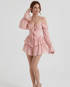 Roselle Mini Dress - Pink Ruffle Halter Mini Dress with Sheer Sleeves by Lauven