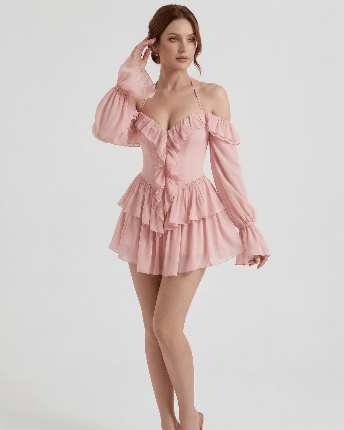 Roselle Mini Dress - Pink Ruffle Halter Mini Dress with Sheer Sleeves by Lauven