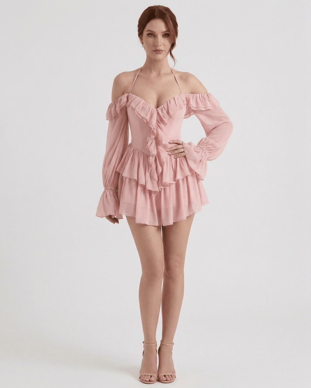 Roselle Mini Dress by Lauven - Pink Ruffle Halter Mini Dress with Sheer Sleeves and Off-Shoulder Design