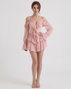 Roselle Mini Dress by Lauven - Pink Ruffle Halter Mini Dress with Sheer Sleeves and Off-Shoulder Design