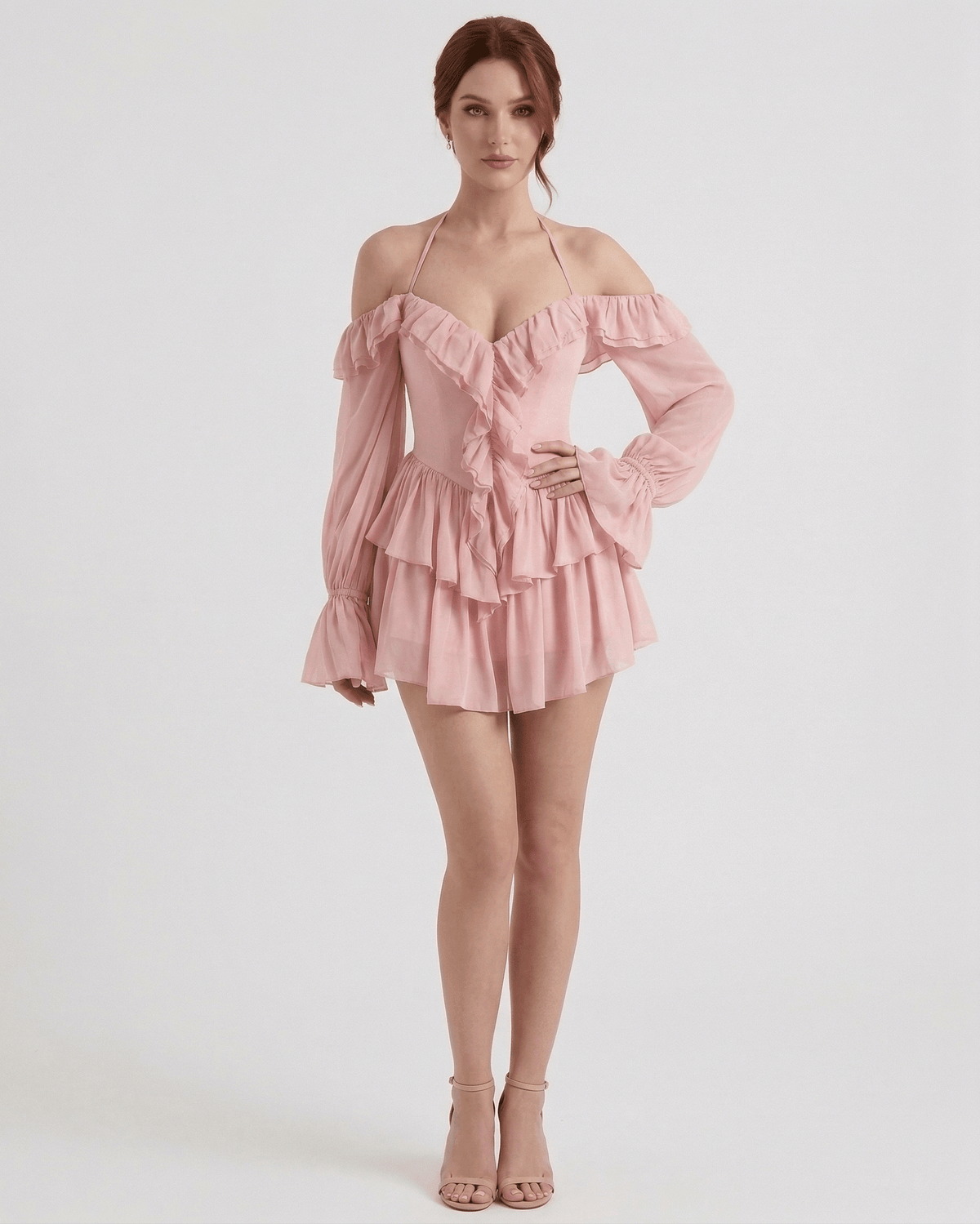 Roselle Mini Dress by Lauven - Pink Ruffle Halter Mini Dress with Sheer Sleeves and Off-Shoulder Design