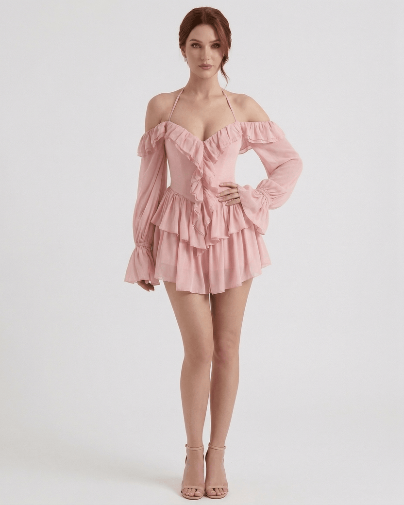 Roselle Mini Dress by Lauven - Pink Ruffle Halter Mini Dress with Sheer Sleeves and Off-Shoulder Design