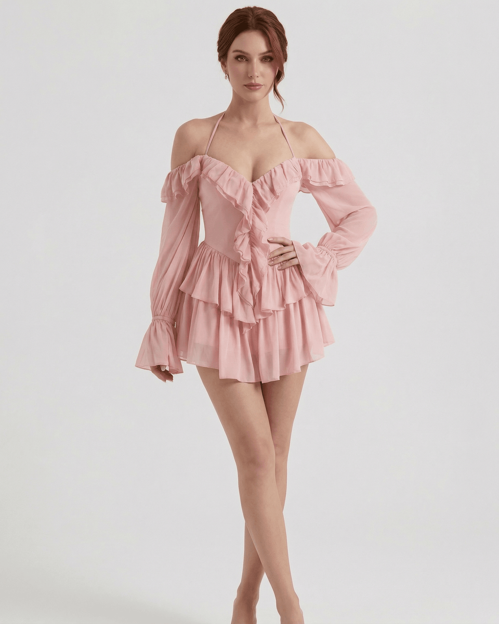 Roselle Mini Dress by Lauven - Pink Ruffle Halter Mini Dress with Sheer Sleeves and Off-Shoulder Design.