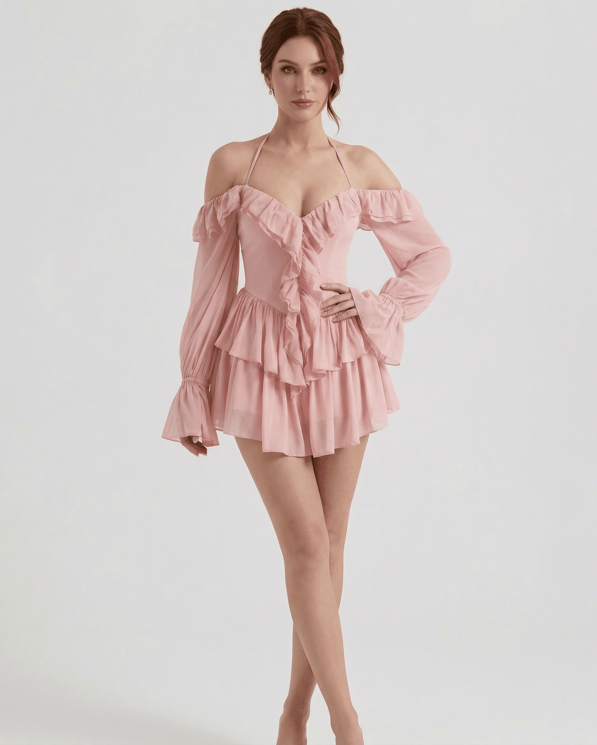 Roselle Mini Dress by Lauven - Pink Ruffle Halter Mini Dress with Sheer Sleeves and Off-Shoulder Design.