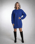 Royal Mini Dress by Lauven in deep blue cable knit with relaxed fit and long sleeves.