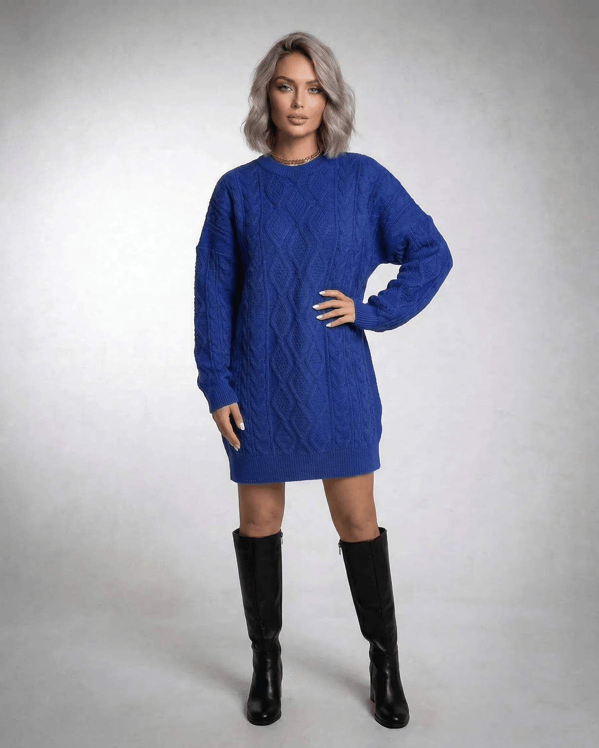 Royal Mini Dress by Lauven in deep blue cable knit with relaxed fit and long sleeves.