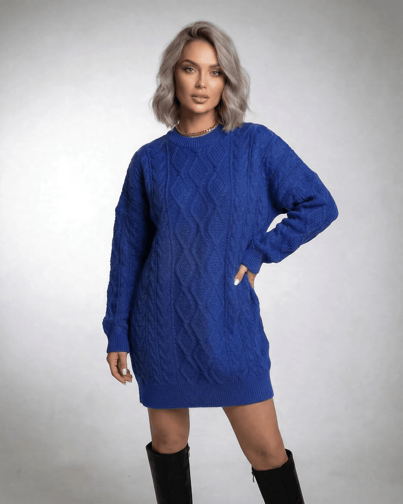 Lauven Royal Mini Dress in deep blue cable knit with relaxed fit and long sleeves.