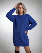 Royal Mini Dress by Lauven, deep blue cable knit with relaxed fit and ribbed trims.