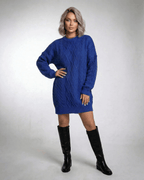 Lauven Royal Mini Dress in deep blue cable knit, featuring a relaxed fit and long sleeves, perfect for cozy style.