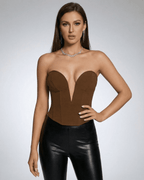 Ruby Corset Top by Lauven - Elegant strapless top with structured design and deep neckline.