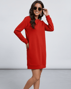 Ruby Mini Dress by Lauven - Casual red sweatshirt dress with pockets, relaxed fit, and long sleeves.
