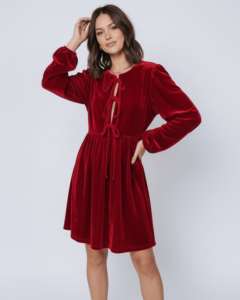 Ruby Mini Dress by Lauven, elegant red velvet mini dress with lantern sleeves and drawstring detail.