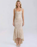Sable Maxi Dress by Lauven featuring a square neckline, jacquard fabric, and elegant fish tail hem in nude.