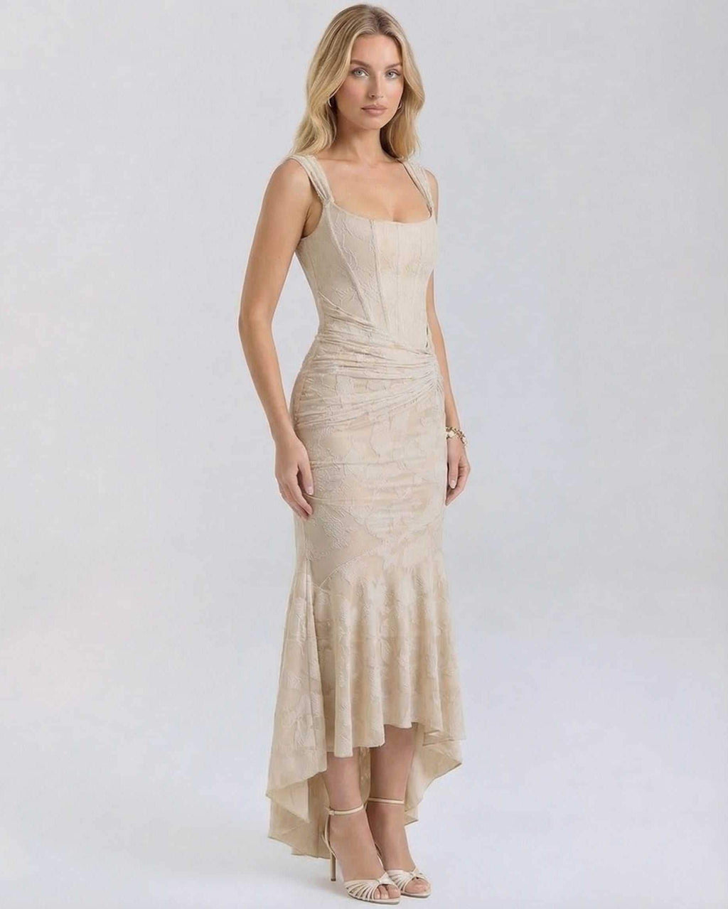 Sable Maxi Dress by Lauven, featuring a square neckline, jacquard fabric, and a fish tail hemline in nude.