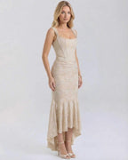Sable Maxi Dress by Lauven, featuring a square neckline, jacquard fabric, and a fish tail hemline in nude.
