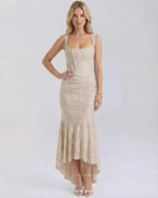 Sable Maxi Dress by Lauven featuring a square neckline and intricate jacquard fabric in a soft nude tone.