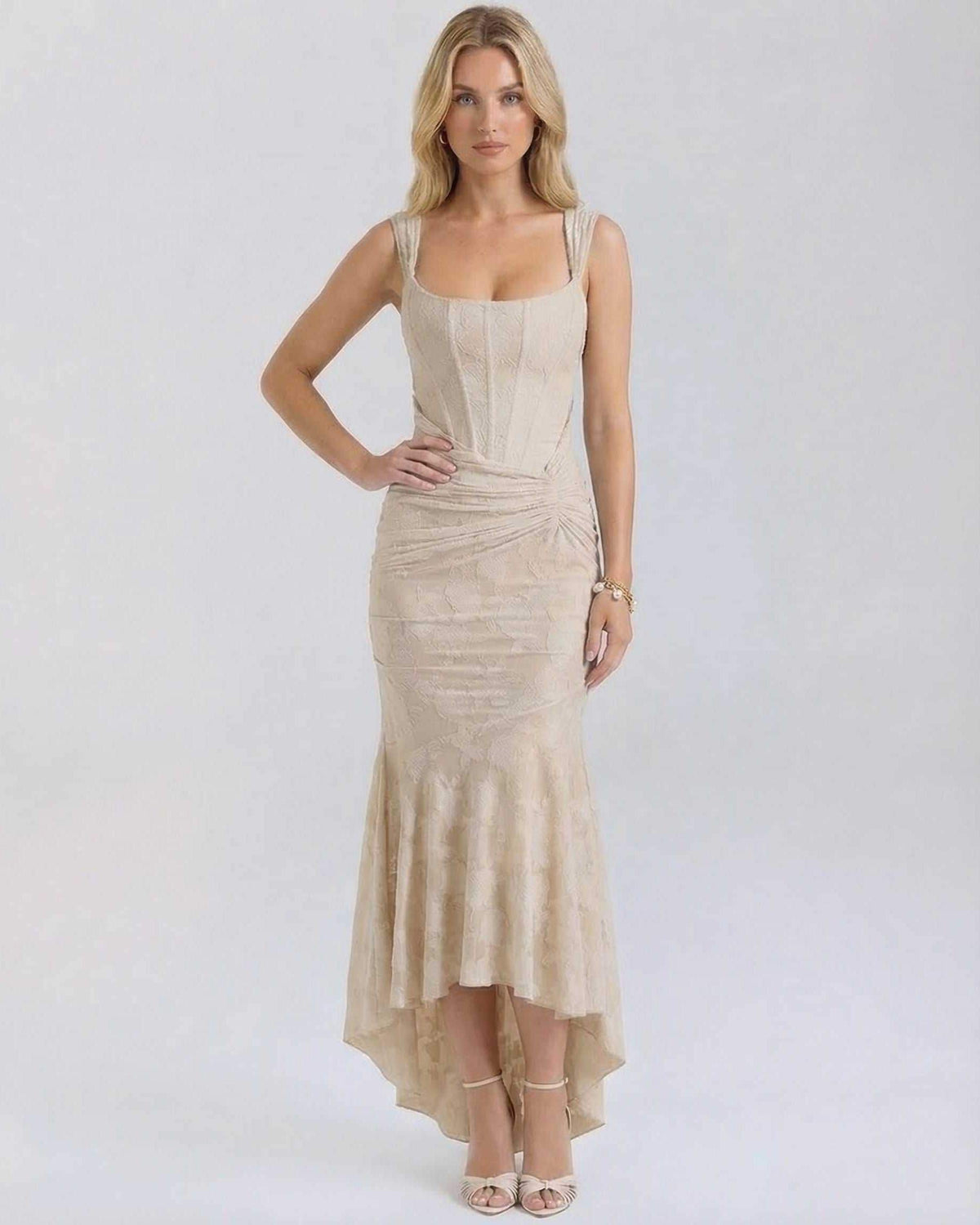Sable Maxi Dress by Lauven featuring a square neckline and intricate jacquard fabric in a soft nude tone.