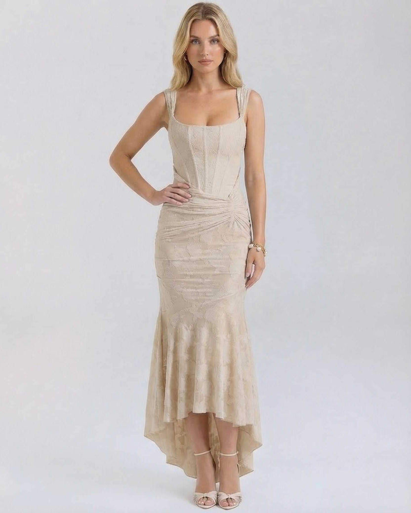 Sable Maxi Dress by Lauven featuring a square neckline and intricate jacquard fabric in a soft nude tone.