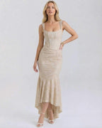 Sable Maxi Dress by Lauven - Elegant square collar jacquard dress in nude with pleated detailing and fish tail hemline.