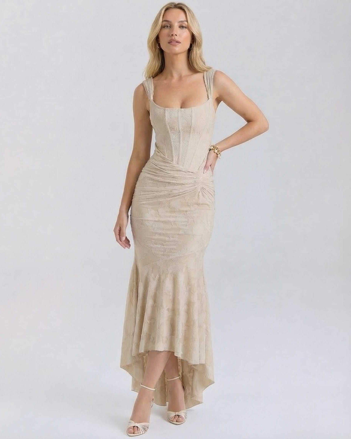Sable Maxi Dress by Lauven - Elegant square collar jacquard dress in nude with pleated detailing and fish tail hemline.