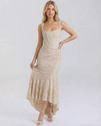 Sable Maxi Dress by Lauven, elegant square collar jacquard dress in nude with pleated detailing and fish tail hemline.