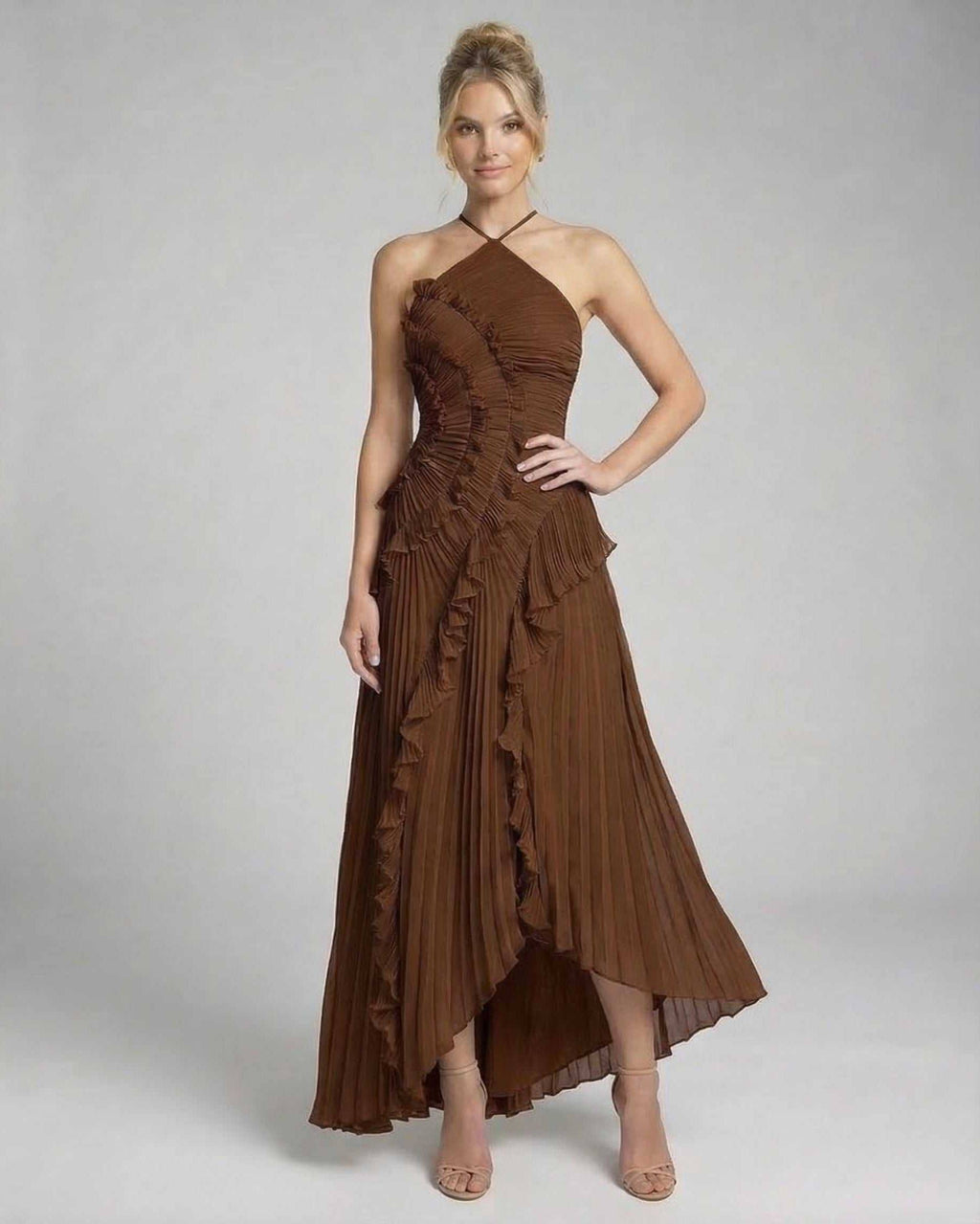 Sable Maxi Dress by Lauven, rich chocolate pleated halter gown with ruffle accents and graceful flow.