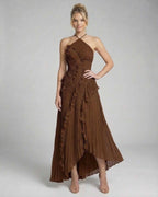 Sable Maxi Dress by Lauven, rich chocolate pleated halter gown with ruffle accents and graceful flow.