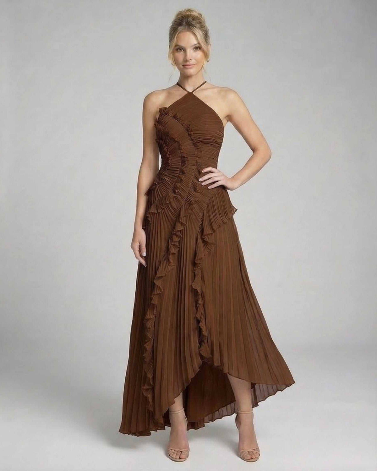 Sable Maxi Dress by Lauven, rich chocolate pleated halter gown with ruffle accents and graceful flow.