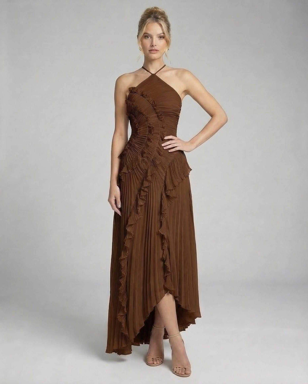 Sable Maxi Dress by Lauven featuring a rich chocolate pleated halter gown with ruffle accents for elegant flow.