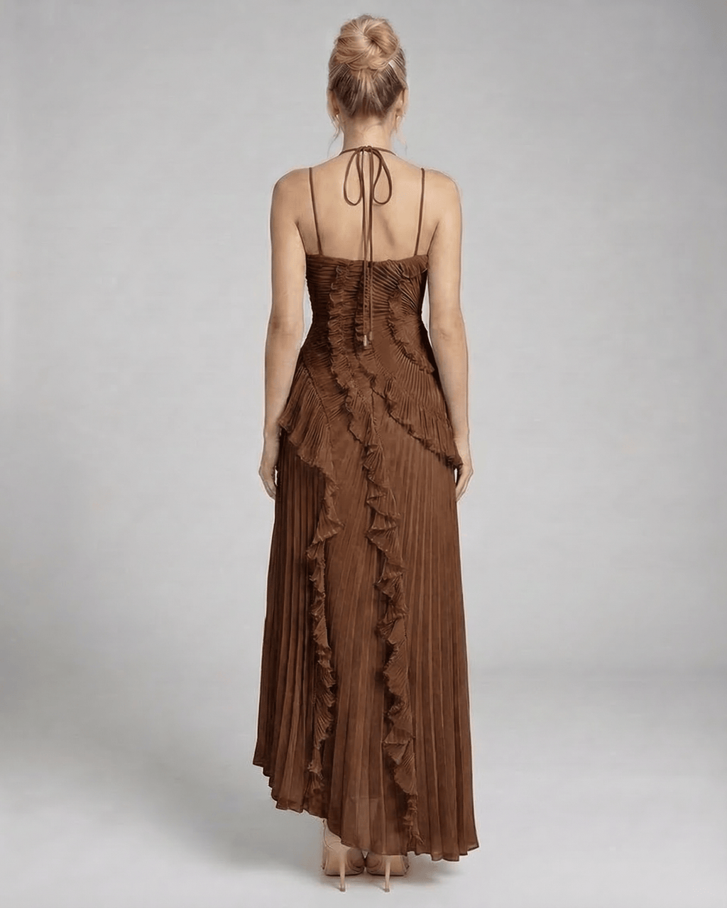 Sable Maxi Dress back view in rich chocolate pleated chiffon by Lauven, featuring ruffle accents and a halter design.
