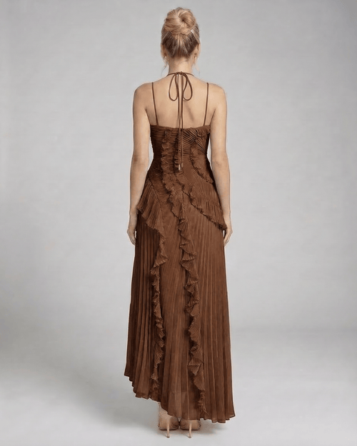 Sable Maxi Dress back view in rich chocolate pleated chiffon by Lauven, featuring ruffle accents and a halter design.