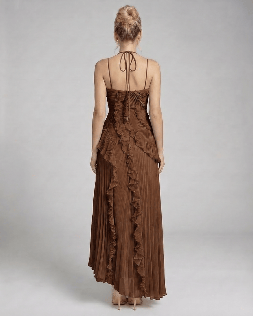 Sable Maxi Dress back view in rich chocolate pleated chiffon by Lauven, featuring ruffle accents and a halter design.