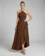 Sable Maxi Dress by Lauven, featuring rich chocolate pleated chiffon and delicate ruffle accents.