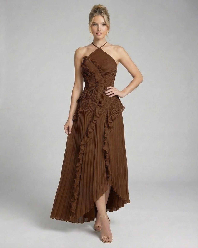 Sable Maxi Dress by Lauven, featuring rich chocolate pleated chiffon and delicate ruffle accents.