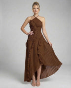 Sable Maxi Dress by Lauven, a rich chocolate pleated halter gown with ruffle details and graceful flow.