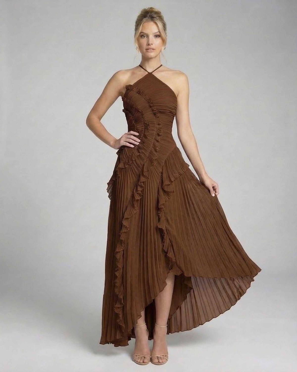 Sable Maxi Dress by Lauven, a rich chocolate pleated halter gown with ruffle details and graceful flow.