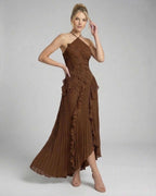 Sable Maxi Dress by Lauven, rich chocolate pleated halter gown with ruffle accents and graceful flow.